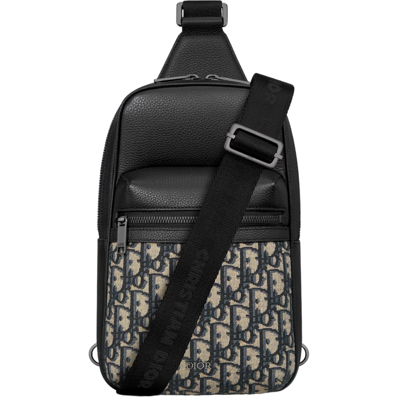Slingbag Rider 2.0 Toile jacquard CD  Oblique beige et noir et cuir de veau grainé noir  10/10