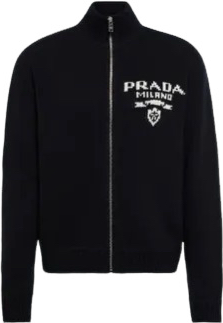 Cardigan laine et cachemire à logo bleu PRADA