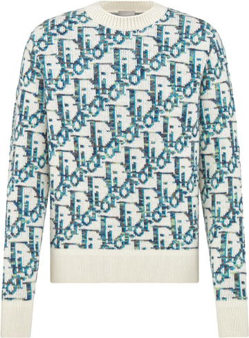 Pull CD Oblique Jacquard de laine vierge blanche et bleue