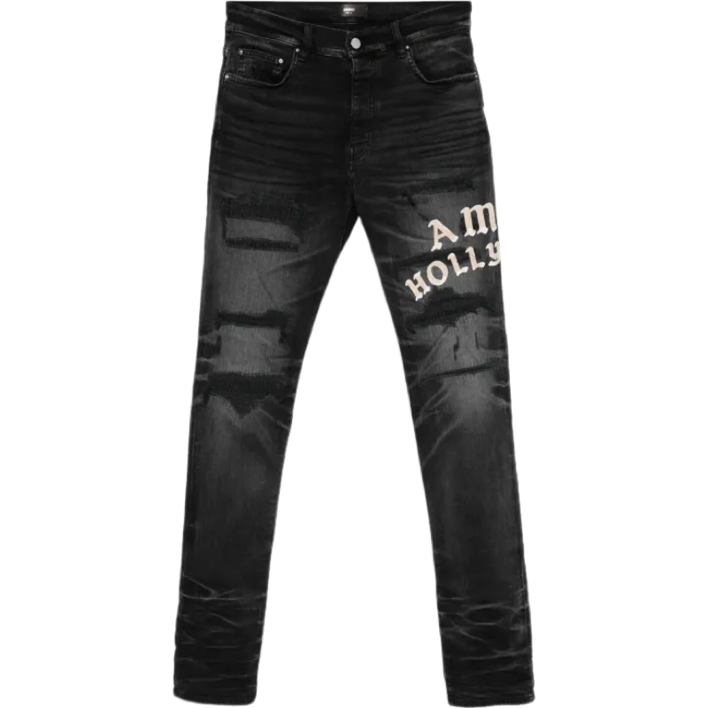 AMIRI Hollywood Skinny-Fit Logo-Flocked Distressed Jeans