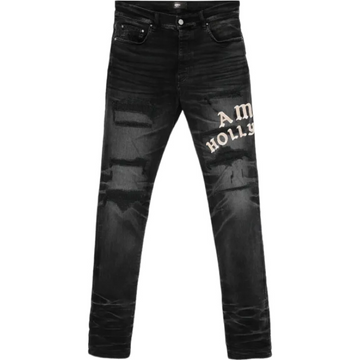 AMIRI Hollywood Skinny-Fit Logo-Flocked Distressed Jeans