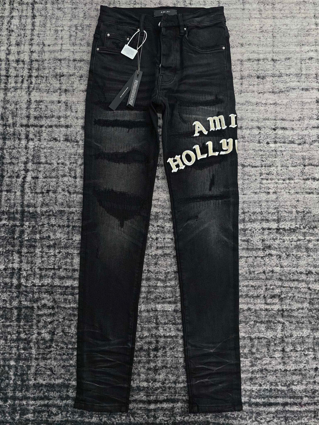 AMIRI Hollywood Skinny-Fit Logo-Flocked Distressed Jeans